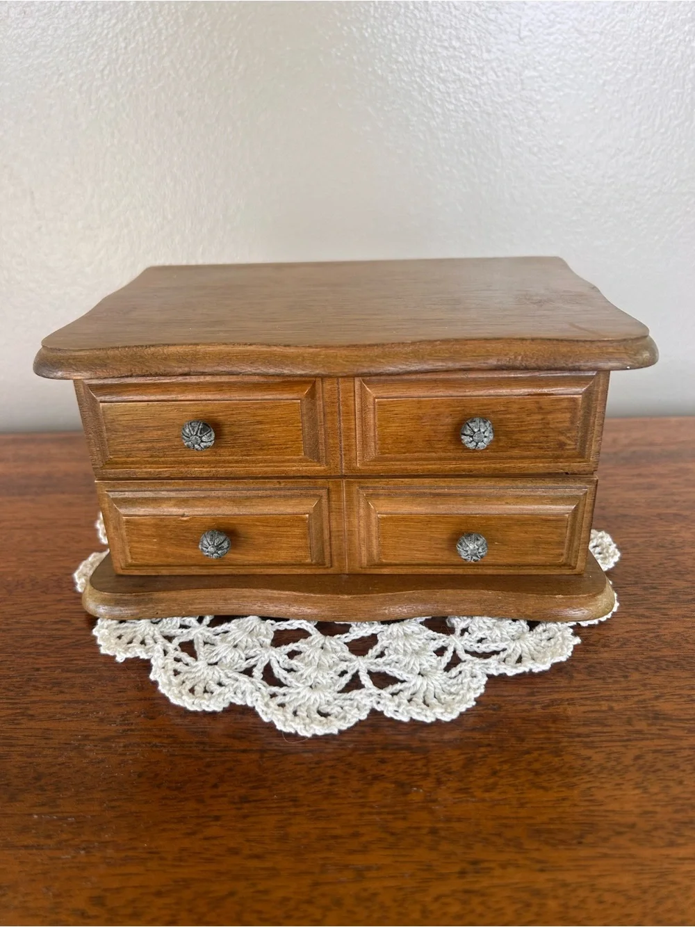 VTG Wooden Dresser Jewelry Box Drawer Hinged Lid Mirror Gold Velvet Interior